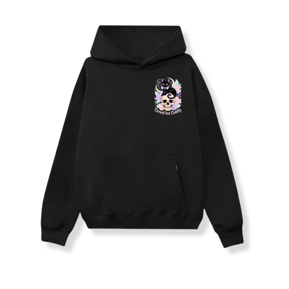 Cursed but Cuddly Skull Cat Retro Graphic Hoodie