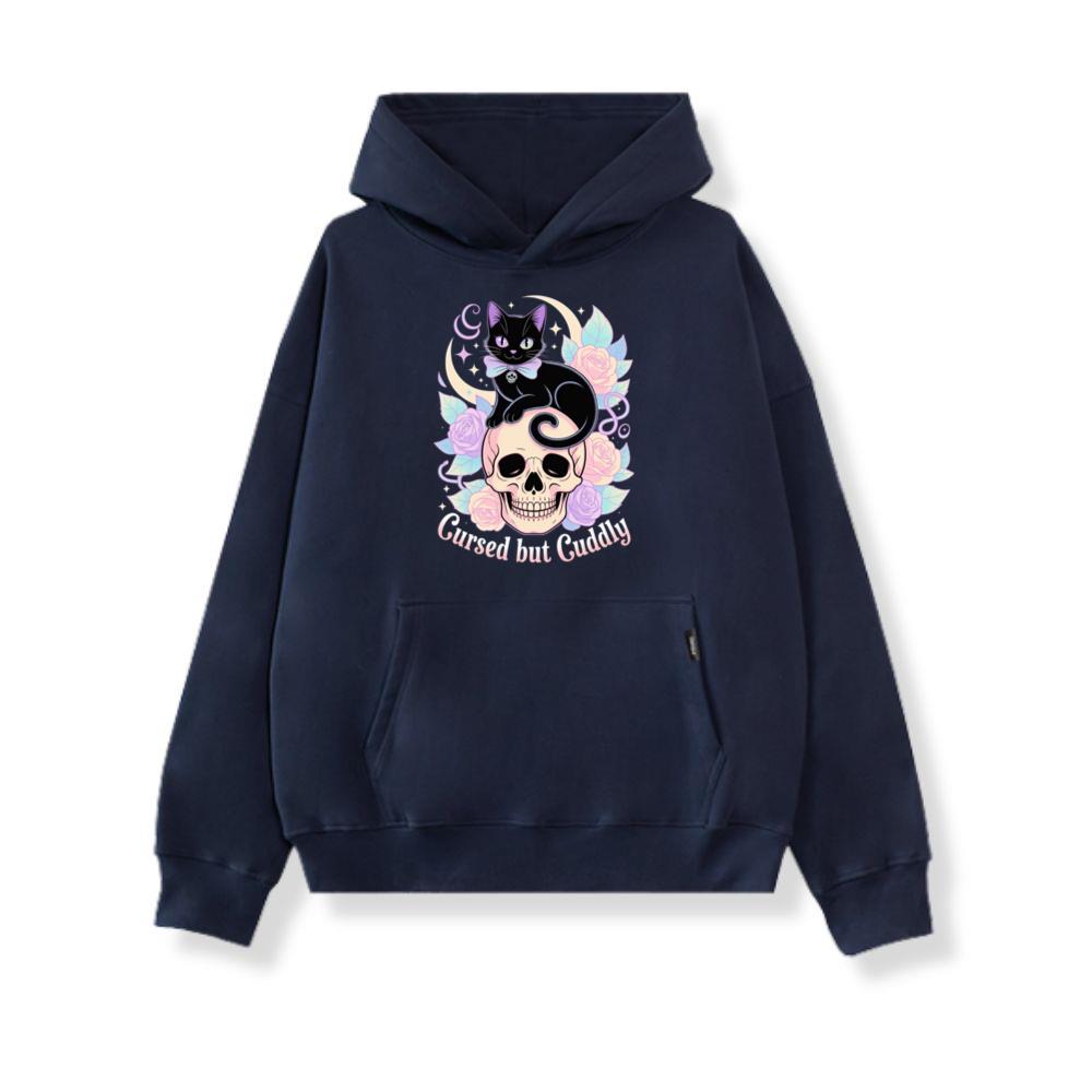 Cursed but Cuddly Skull Cat Retro Graphic Hoodie - Image 2