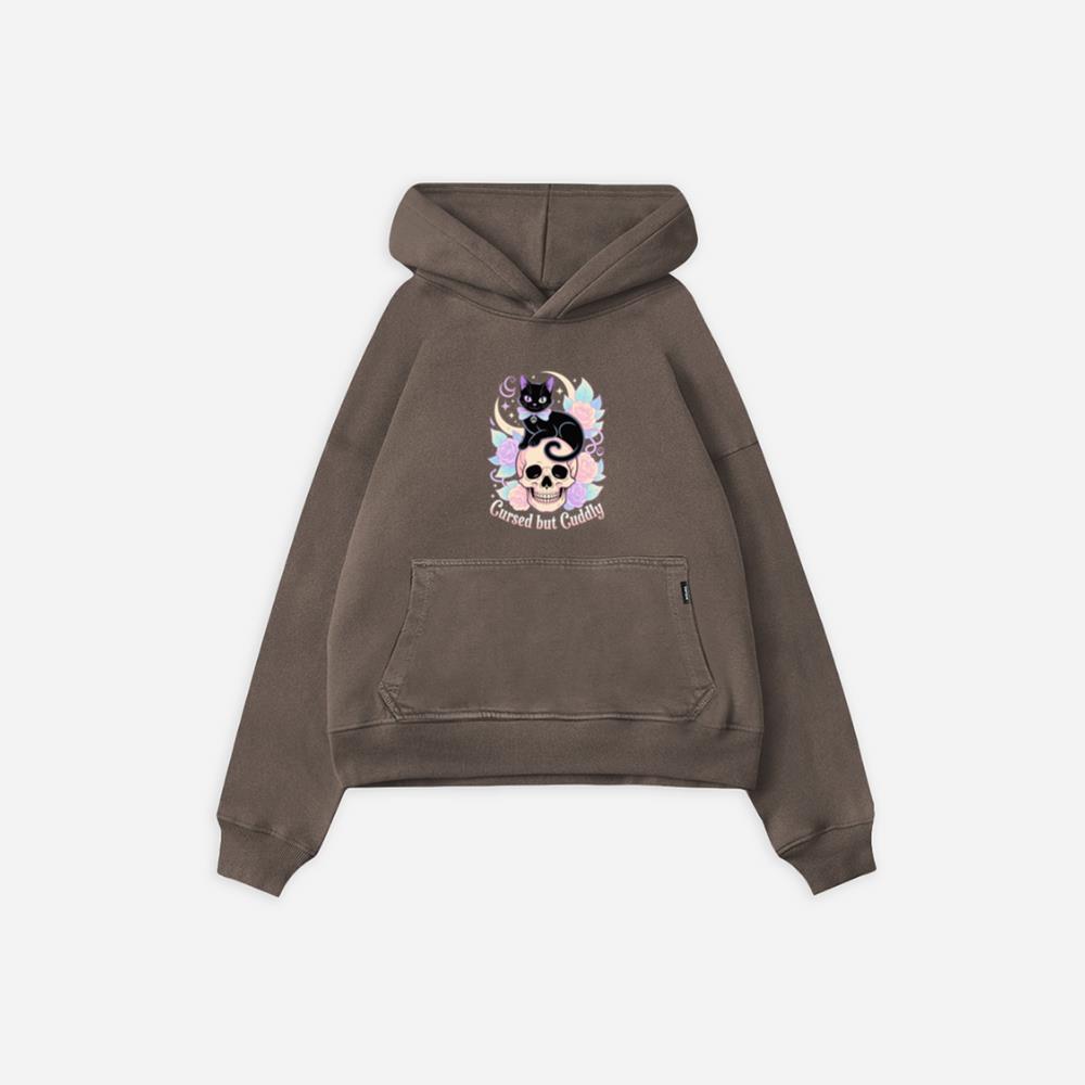 Cursed but Cuddly Skull Cat Retro Graphic Hoodie