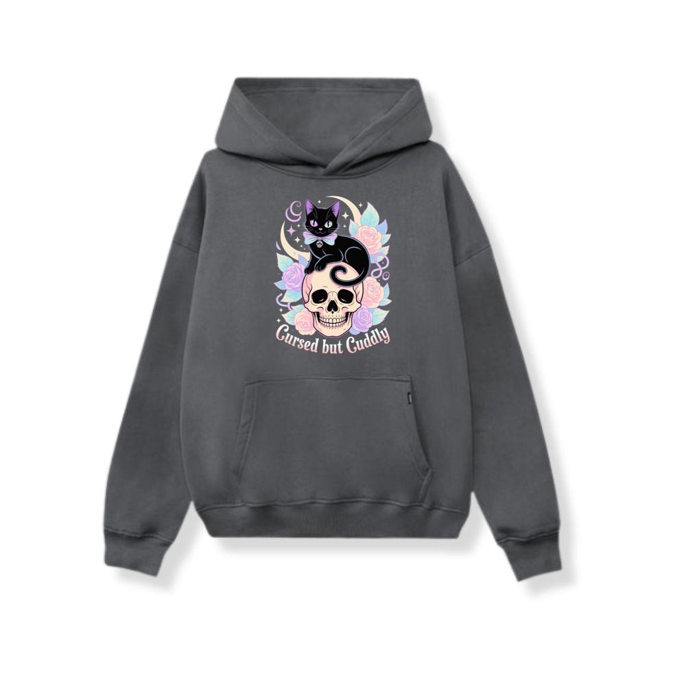 Cursed but Cuddly Skull Cat Retro Graphic Hoodie Somoslasia