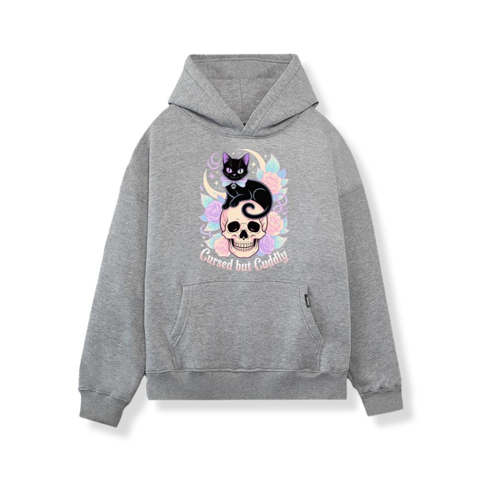 Cursed but Cuddly Skull Cat Retro Graphic Hoodie - Image 3