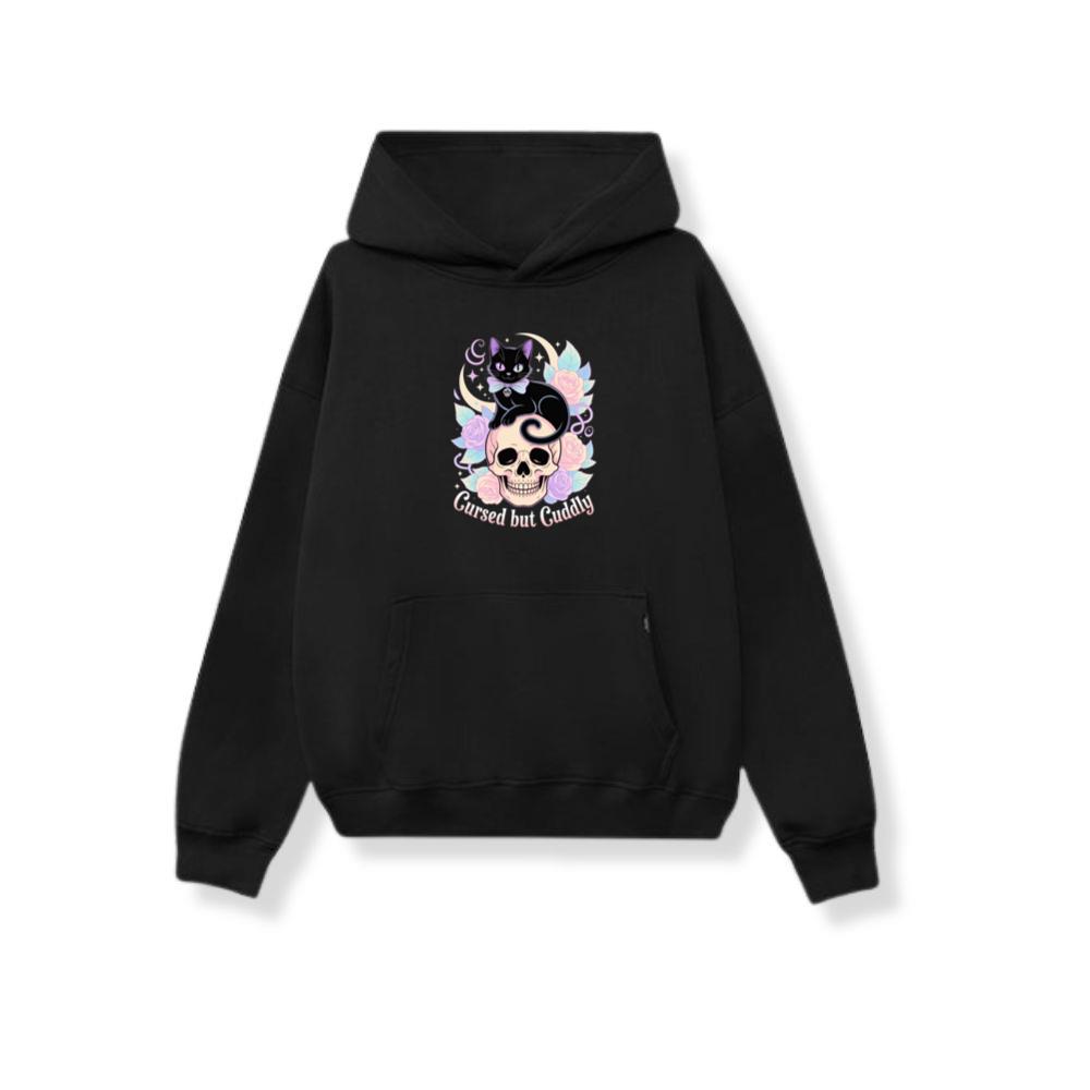 Cursed but Cuddly Skull Cat Retro Graphic Hoodie