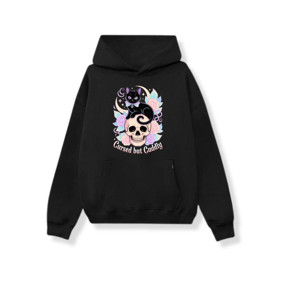 Cursed but Cuddly Skull Cat Retro Graphic Hoodie