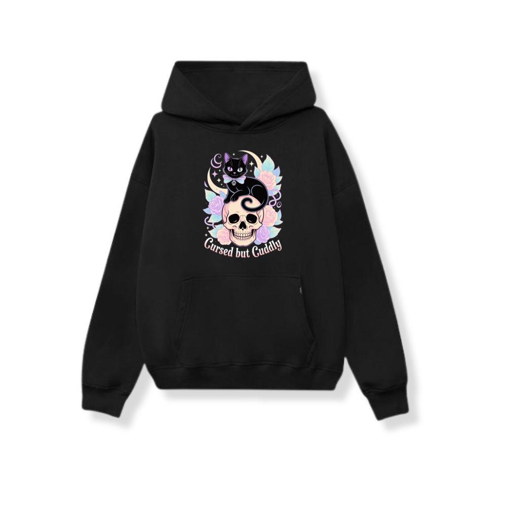 Cursed but Cuddly Skull Cat Retro Graphic Hoodie