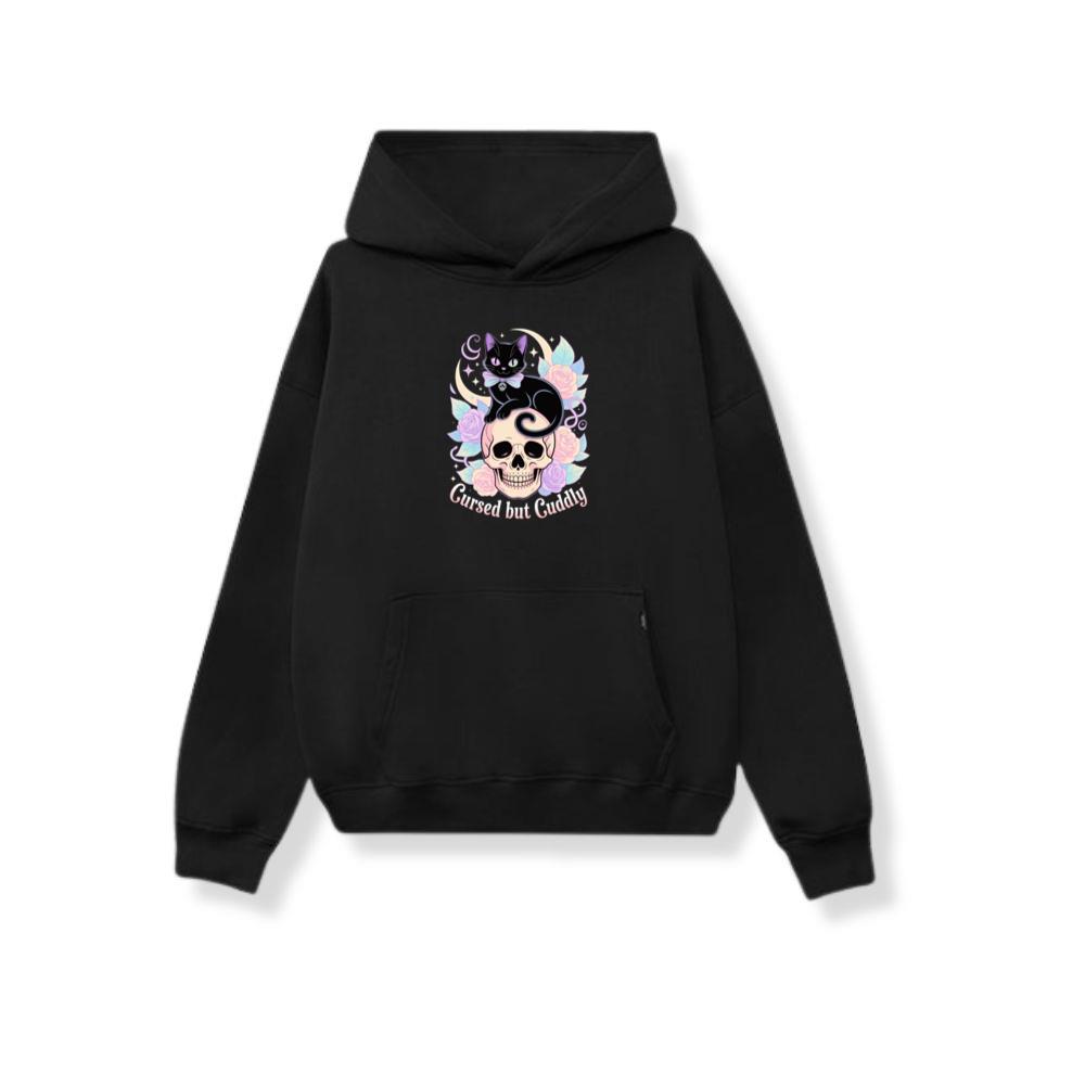 Cursed but Cuddly Skull Cat Retro Graphic Hoodie