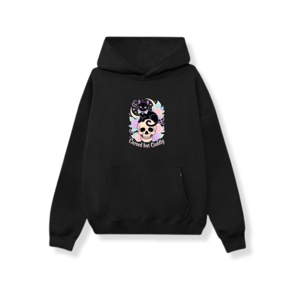 Cursed but Cuddly Skull Cat Retro Graphic Hoodie
