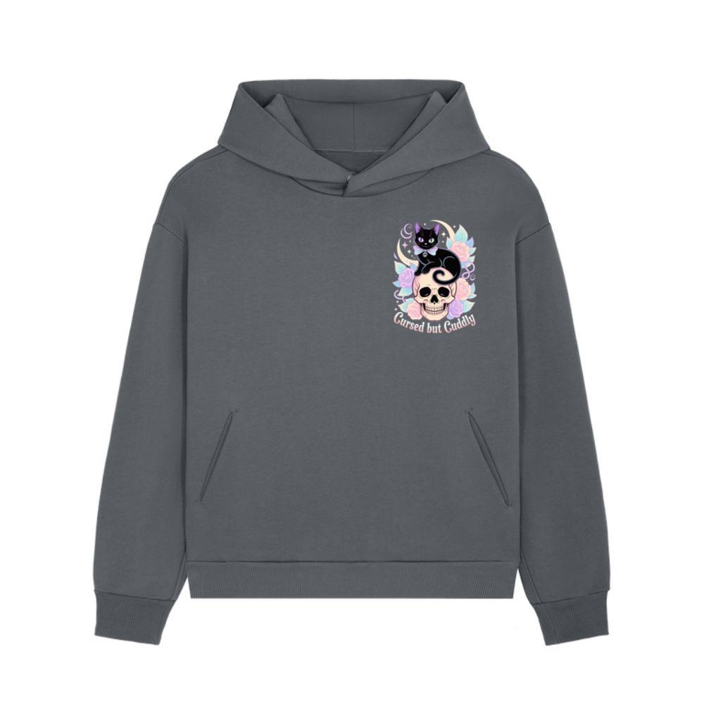Cursed but Cuddly Skull Cat Retro Graphic Hoodie - Image 2