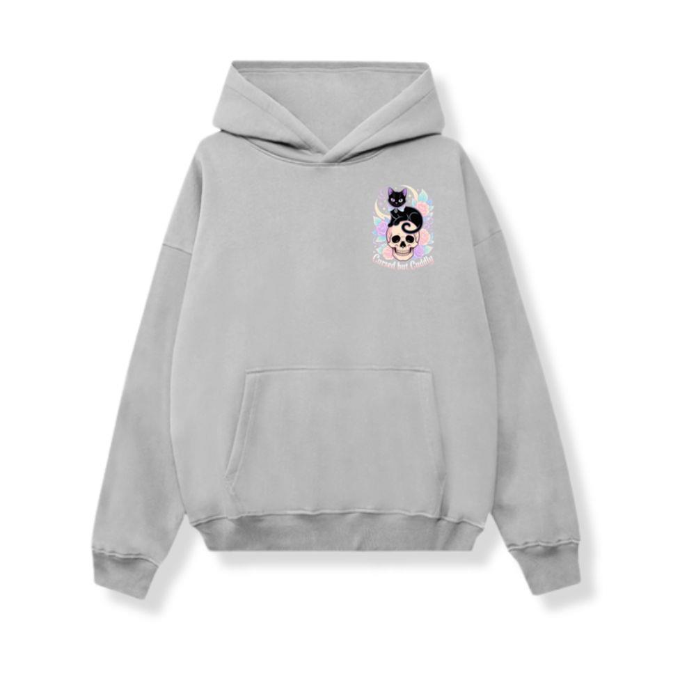 Cursed but Cuddly Skull Cat Retro Graphic Hoodie