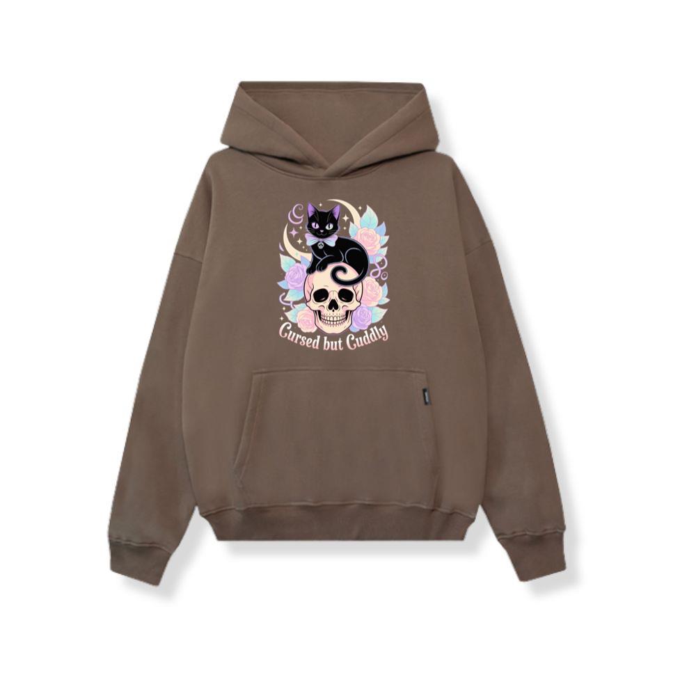 Cursed but Cuddly Skull Cat Retro Graphic Hoodie - Image 2