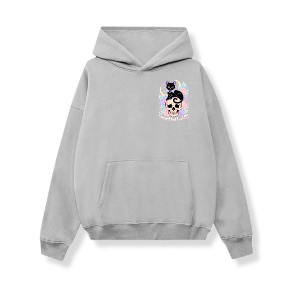 Cursed but Cuddly Skull Cat Retro Graphic Hoodie