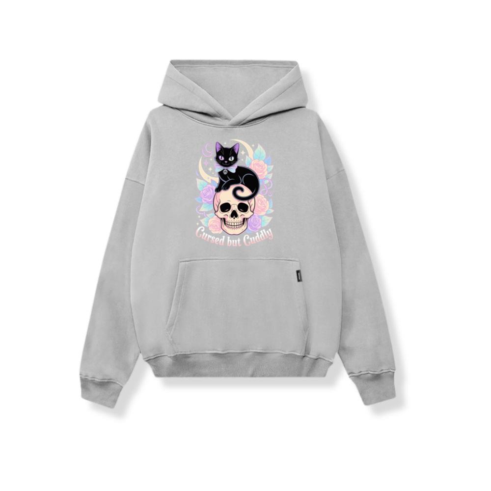 Cursed but Cuddly Skull Cat Retro Graphic Hoodie - Image 3