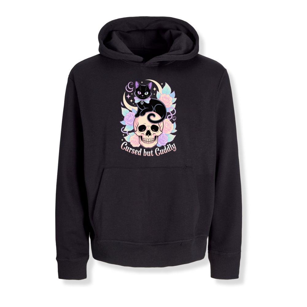 Cursed but Cuddly Skull Cat Retro Graphic Hoodies