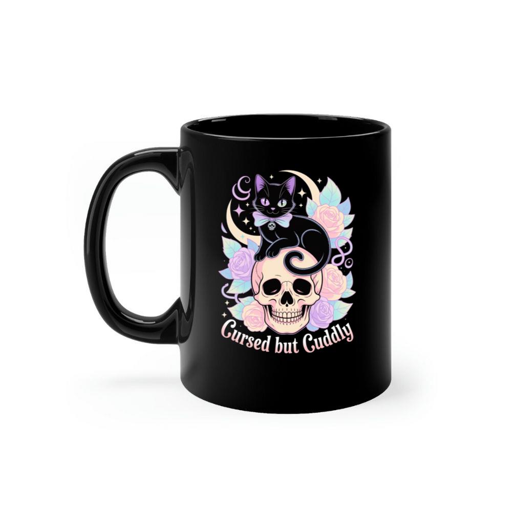 Cursed but Cuddly Skull Cat Retro Graphic Mug