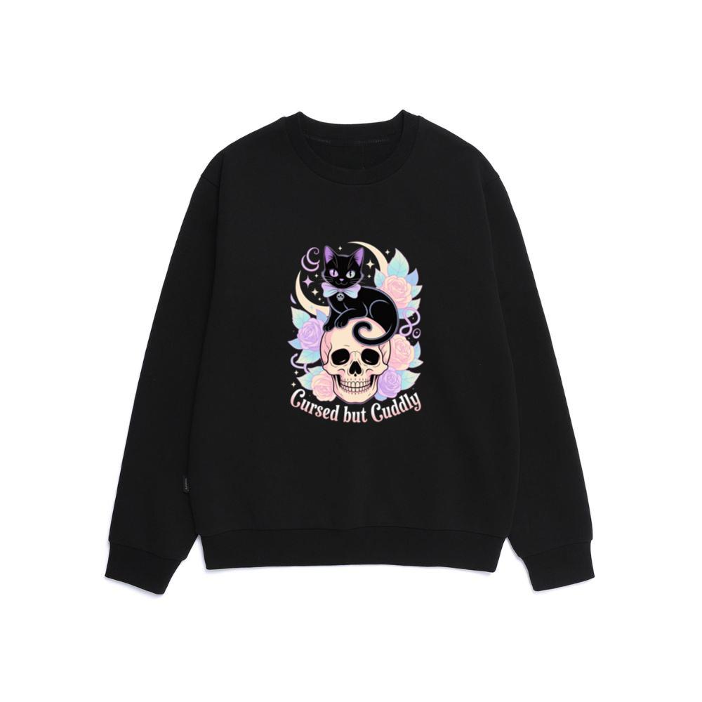 Cursed but Cuddly Skull Cat Retro Graphic Sweatshirt