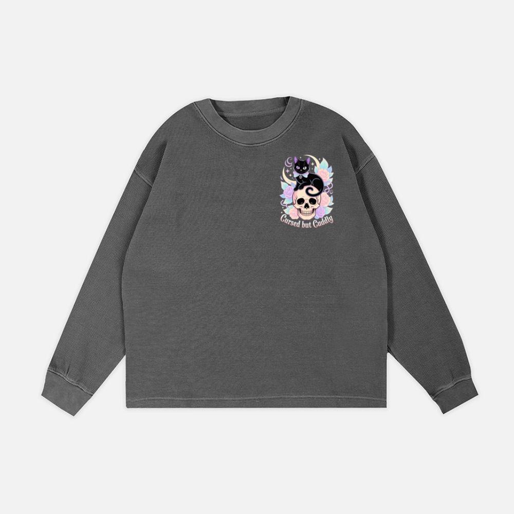 Cursed but Cuddly Skull Cat Retro Graphic Sweatshirt - Image 2