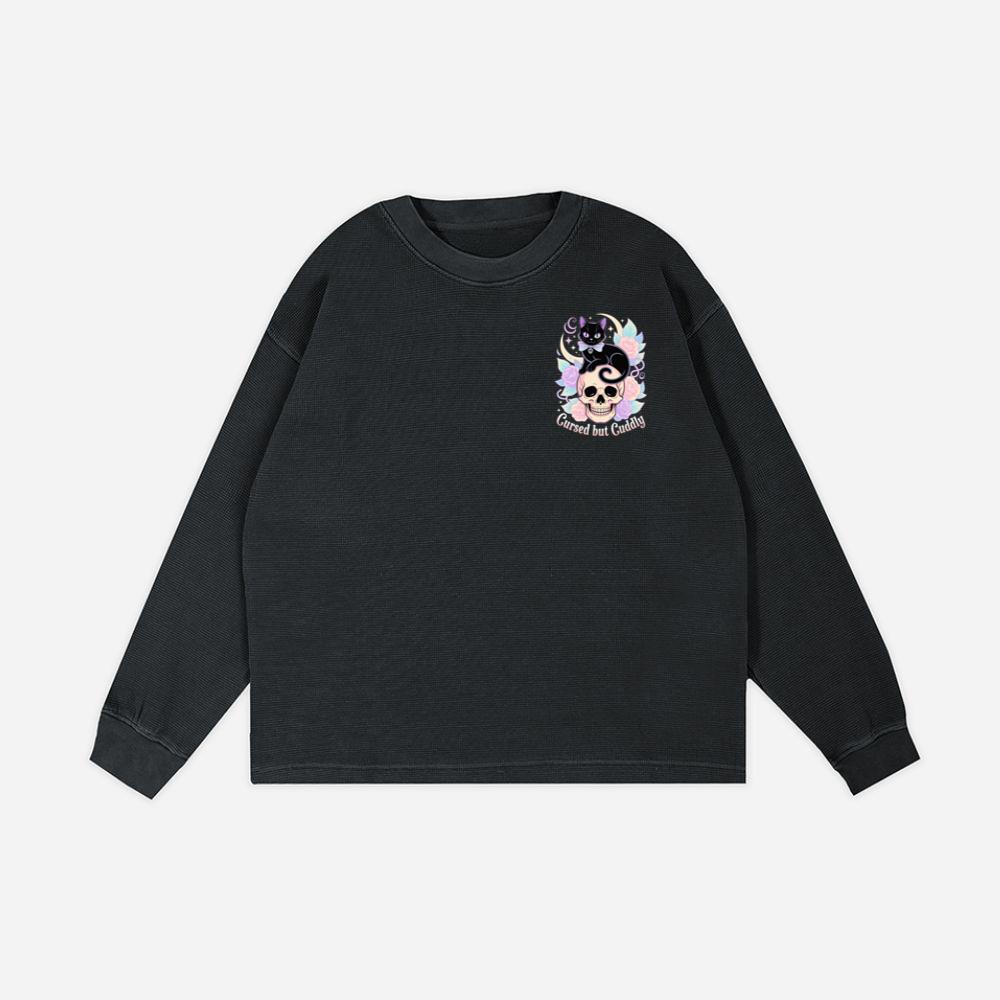 Cursed but Cuddly Skull Cat Retro Graphic Sweatshirt