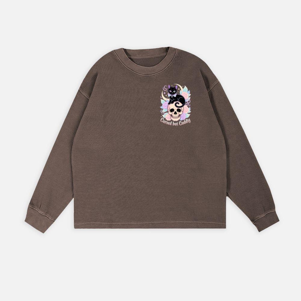 Cursed but Cuddly Skull Cat Retro Graphic Sweatshirt - Image 3