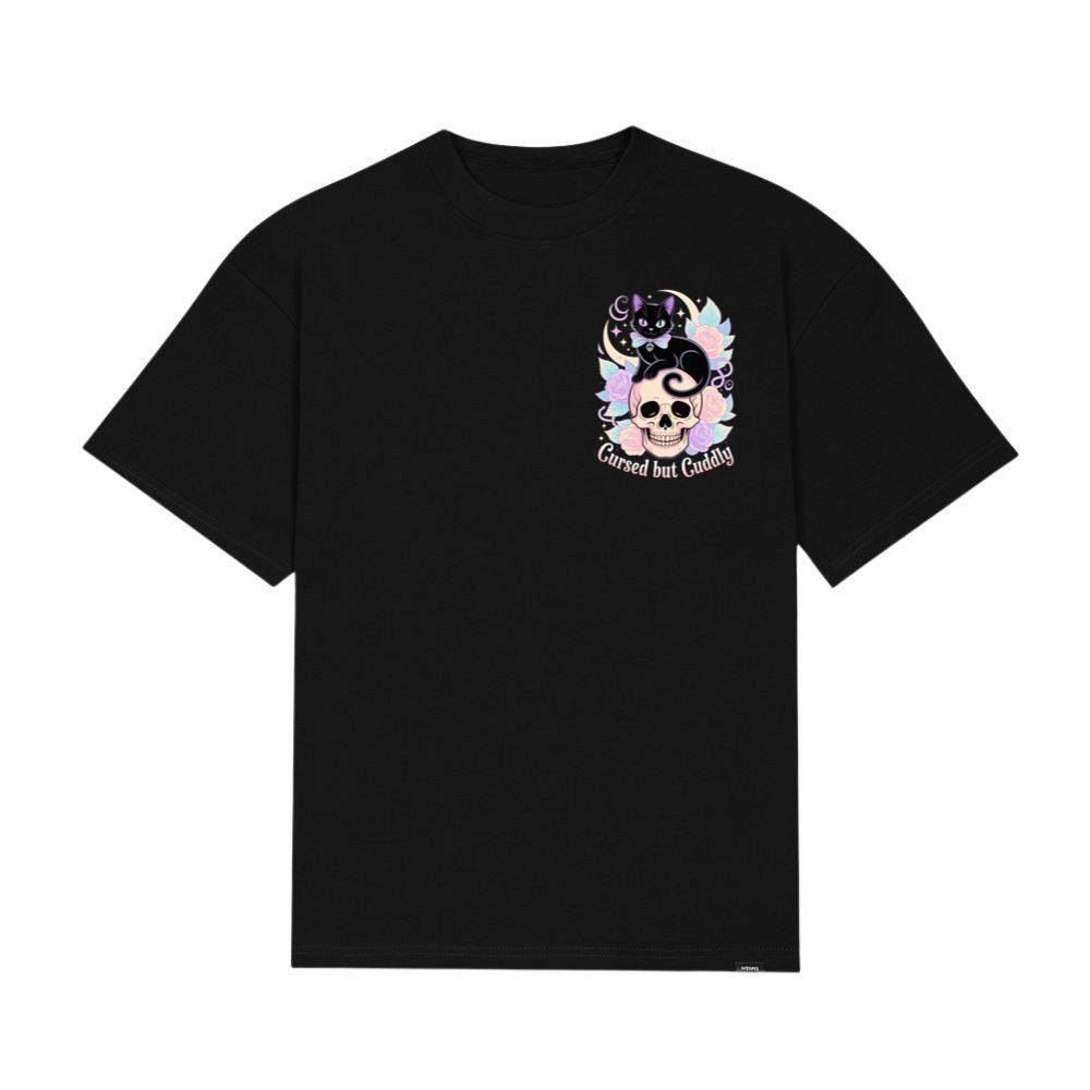 Cursed but Cuddly Skull Cat Retro Graphic T-Shirt