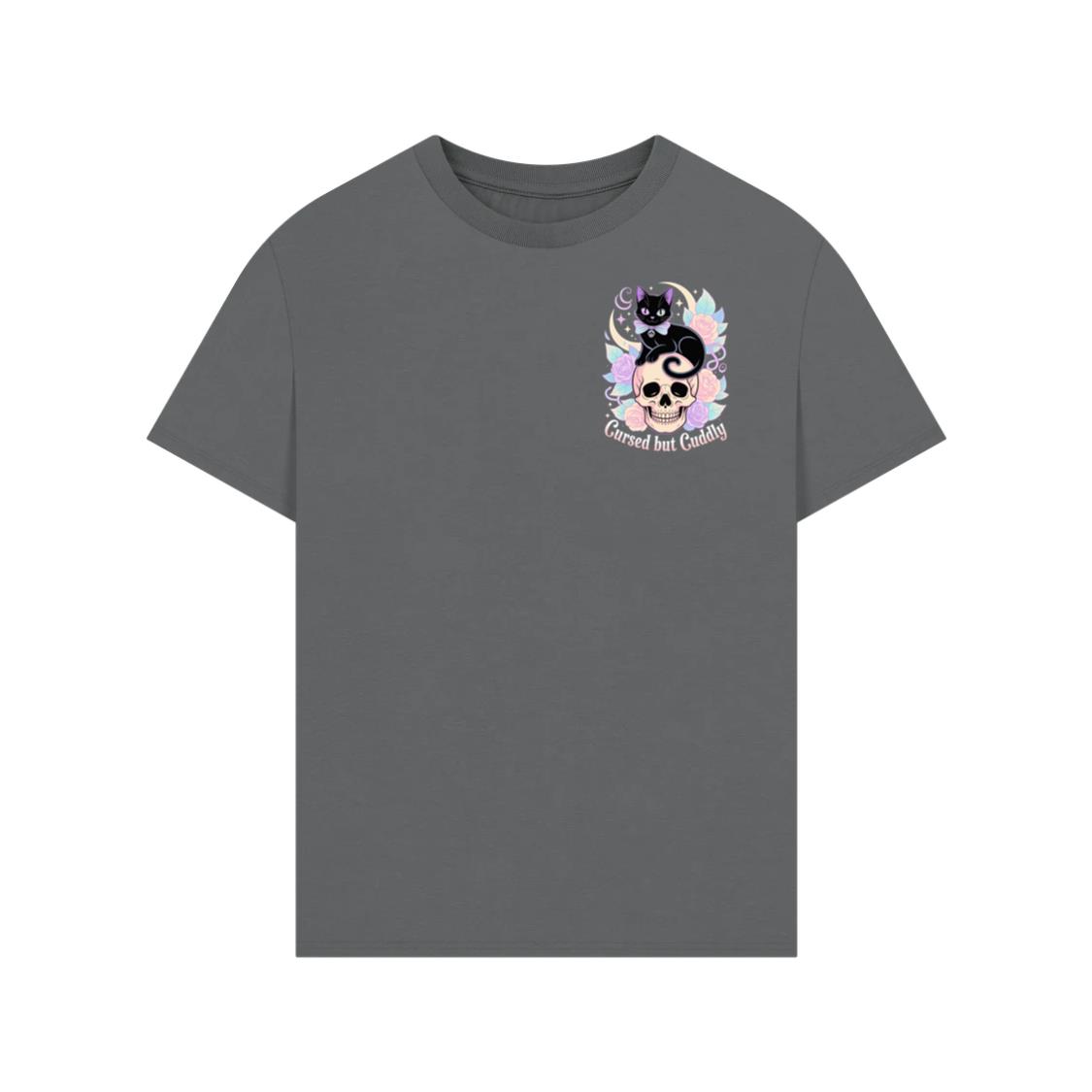Cursed but Cuddly Skull Cat Retro Graphic T-Shirt - Image 3