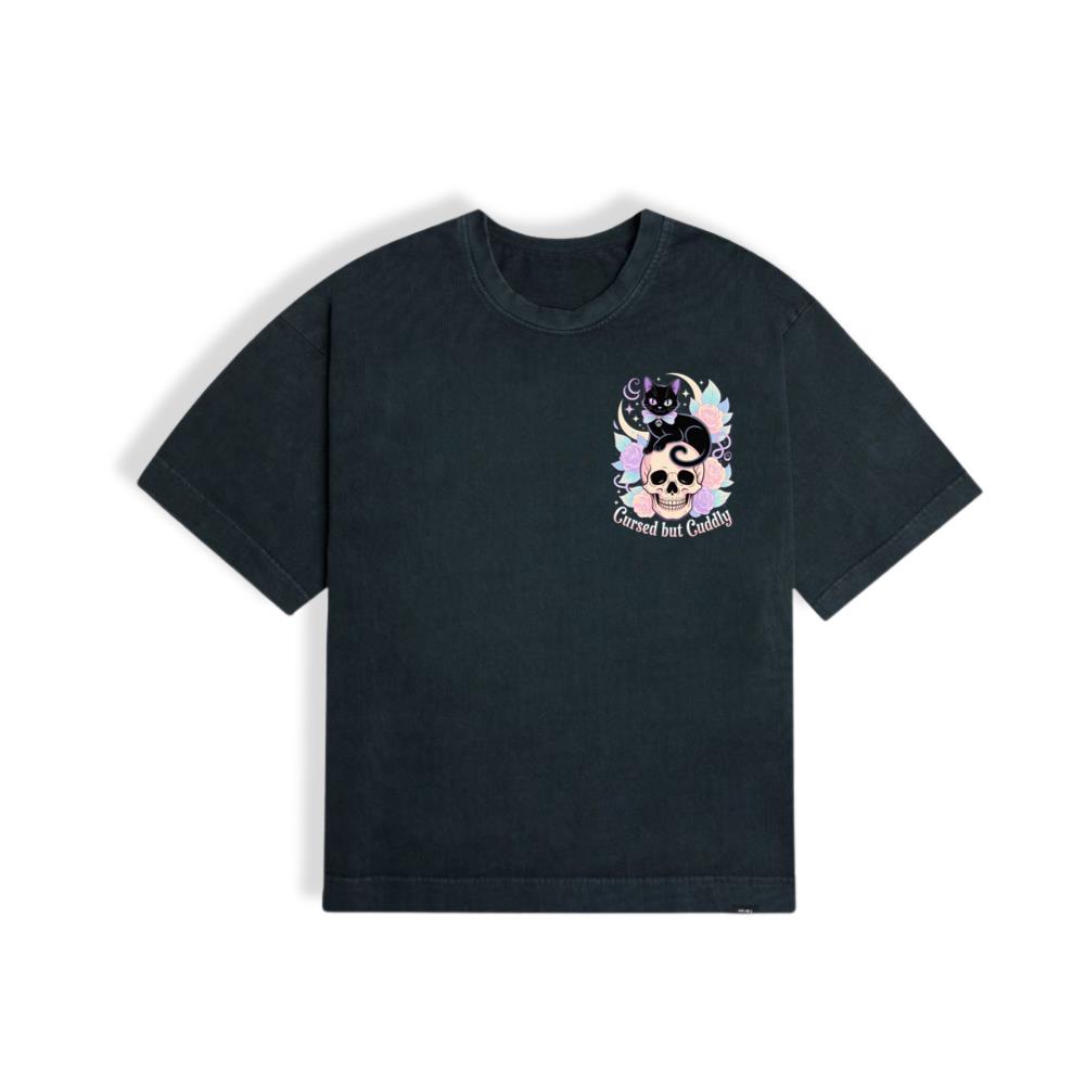 Cursed but Cuddly Skull Cat Retro Graphic T-Shirt