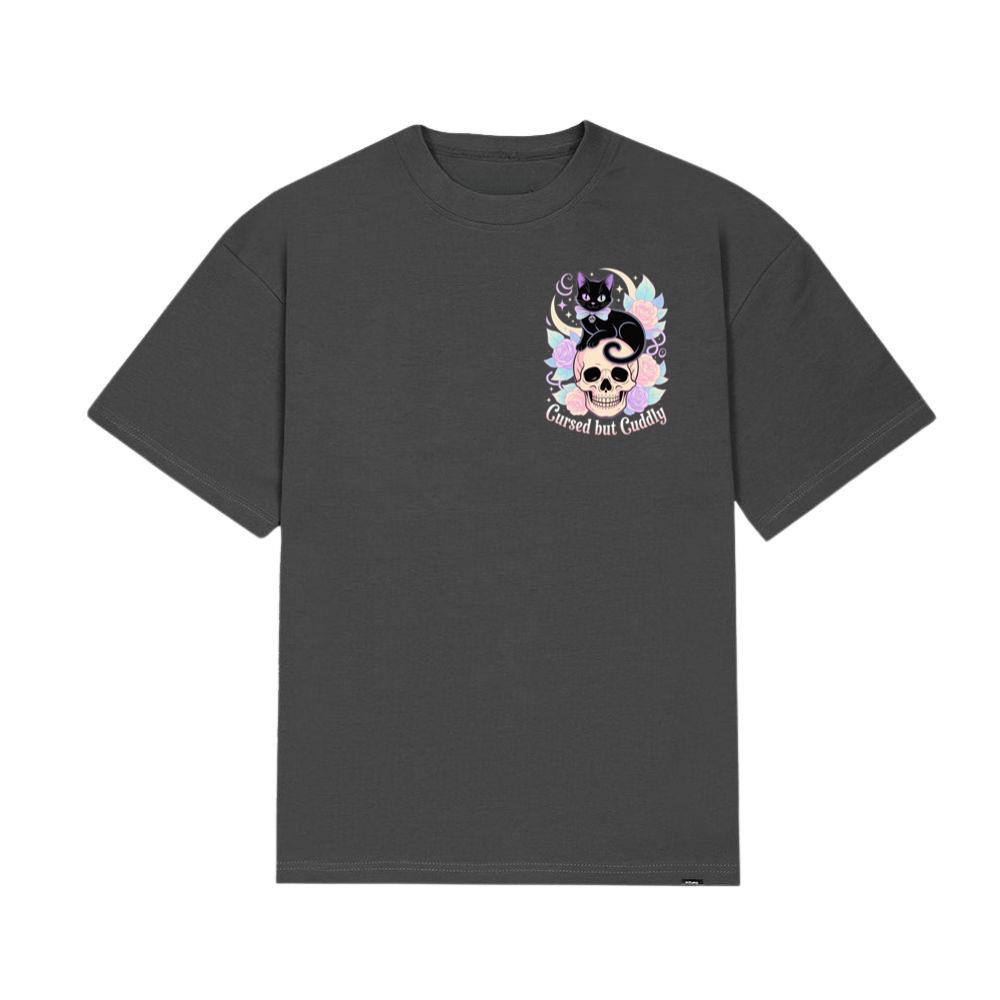 Cursed but Cuddly Skull Cat Retro Graphic T-Shirt