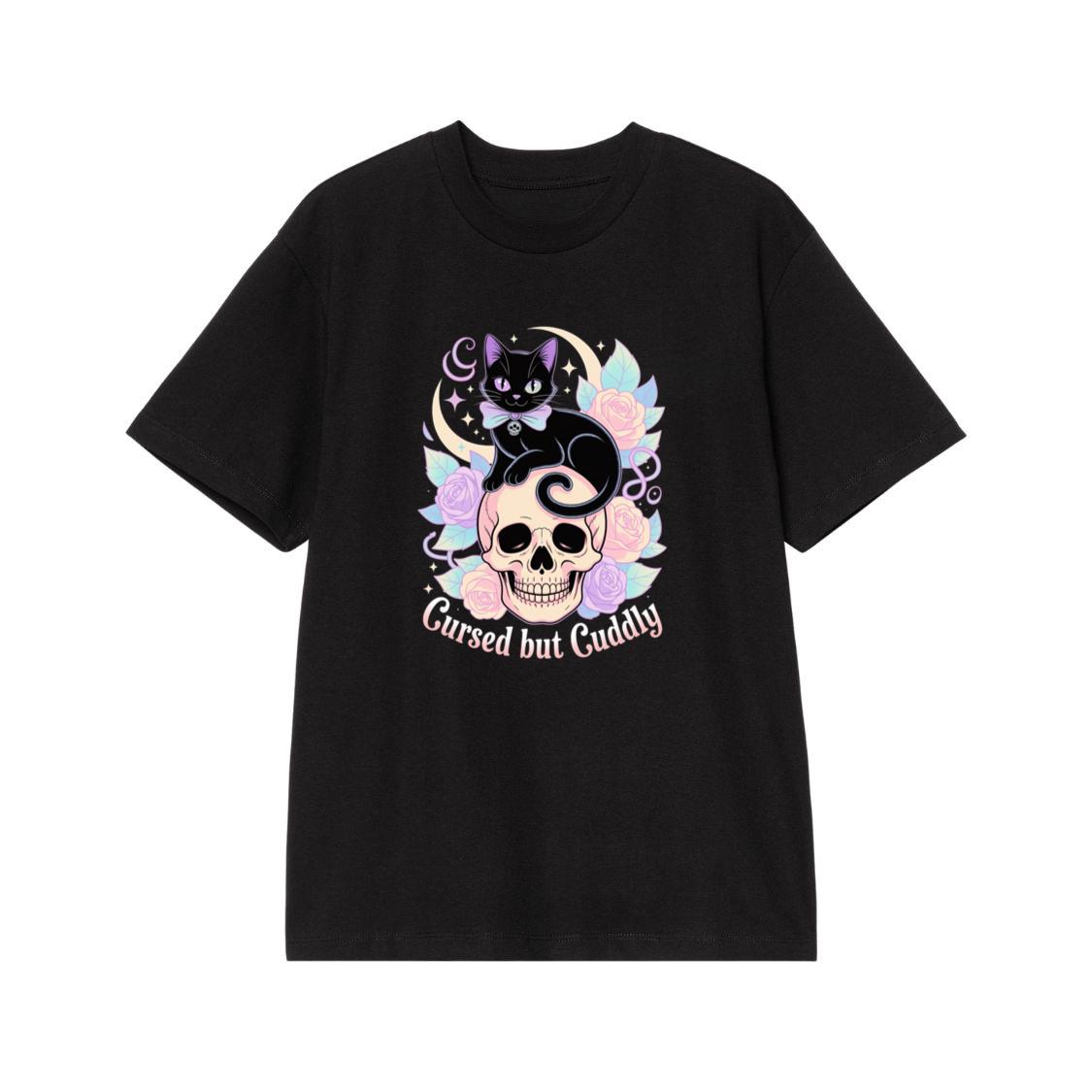 Cursed but Cuddly Skull Cat Retro Graphic T-Shirt