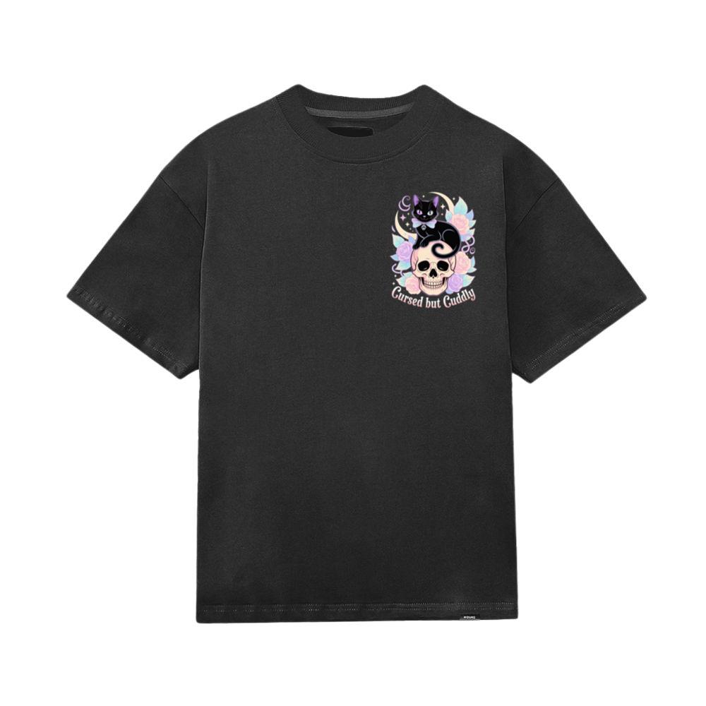 Cursed but Cuddly Skull Cat Retro Graphic T-Shirt - Image 3