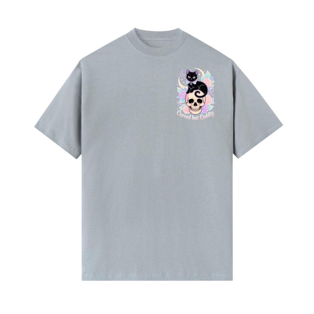 Cursed but Cuddly Skull Cat Retro Graphic T-Shirt - Image 3
