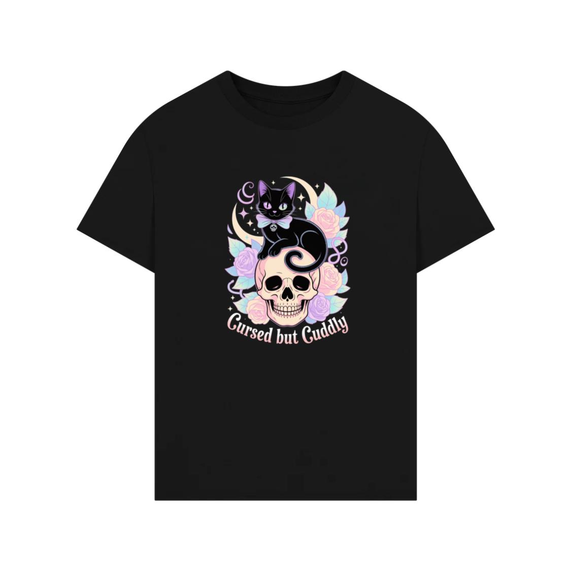 Cursed but Cuddly Skull Cat Retro Graphic T-Shirt