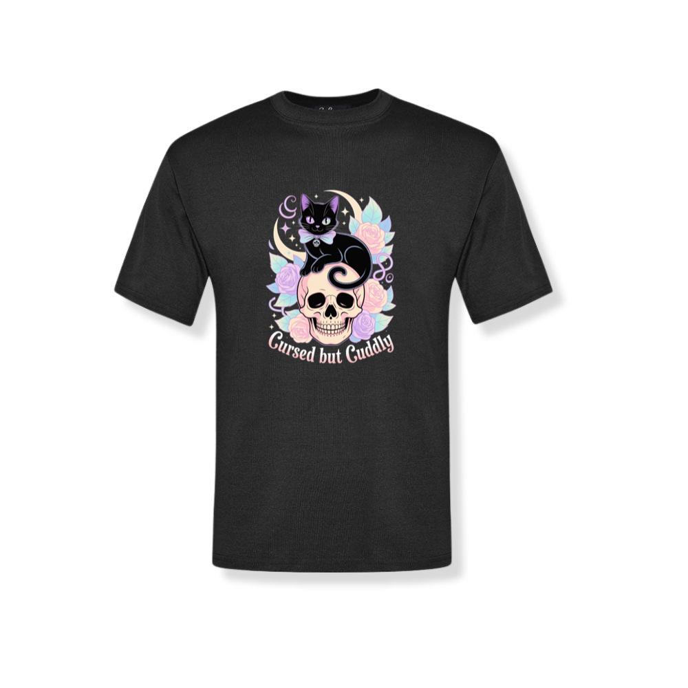 Cursed but Cuddly Skull Cat Retro Graphic T-Shirt