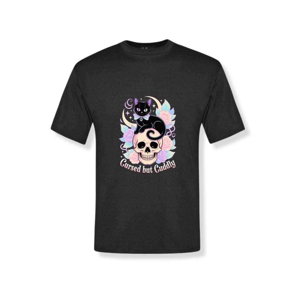 Cursed but Cuddly Skull Cat Retro Graphic T-Shirt