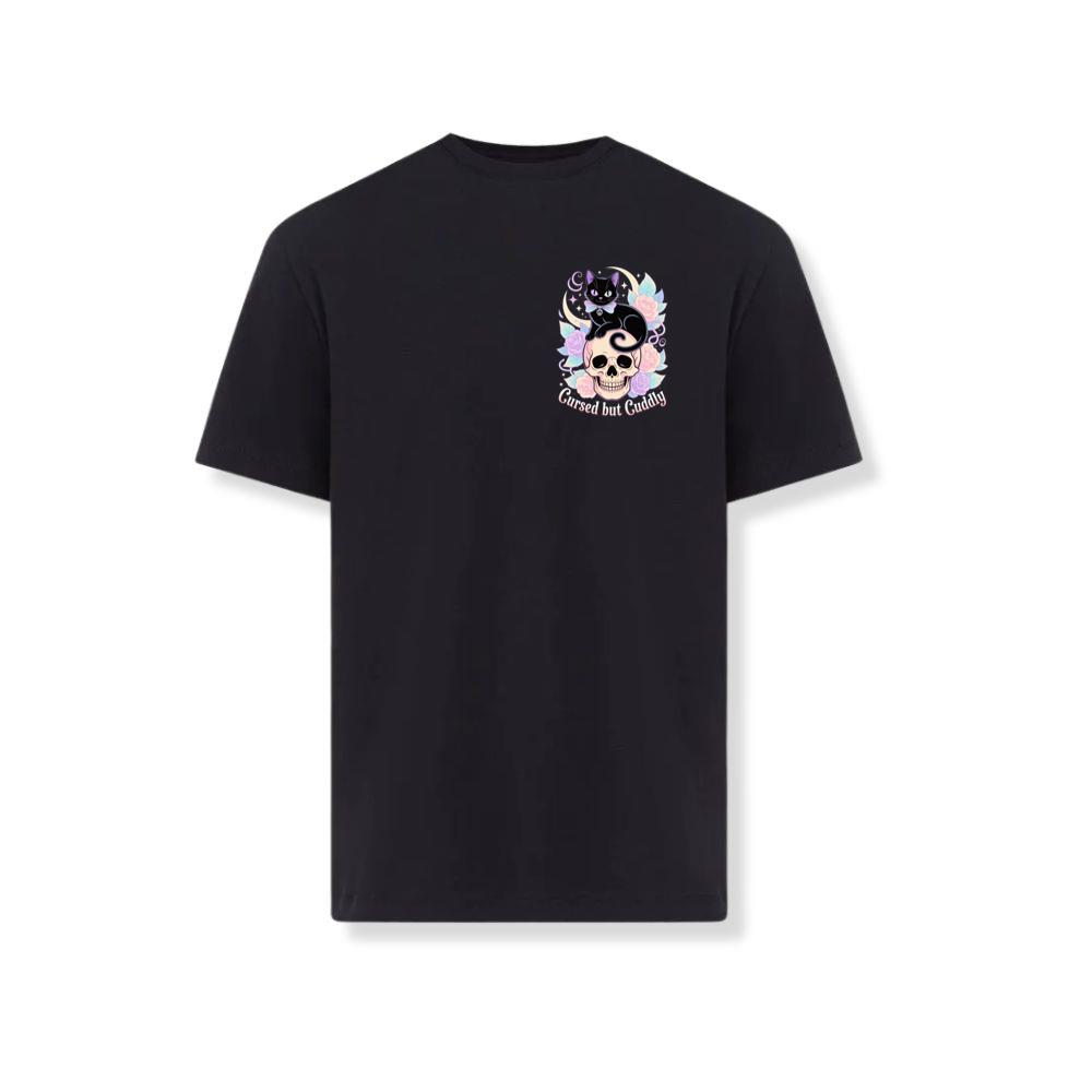 Cursed but Cuddly Skull Cat Retro Graphic TShirt Groovethink