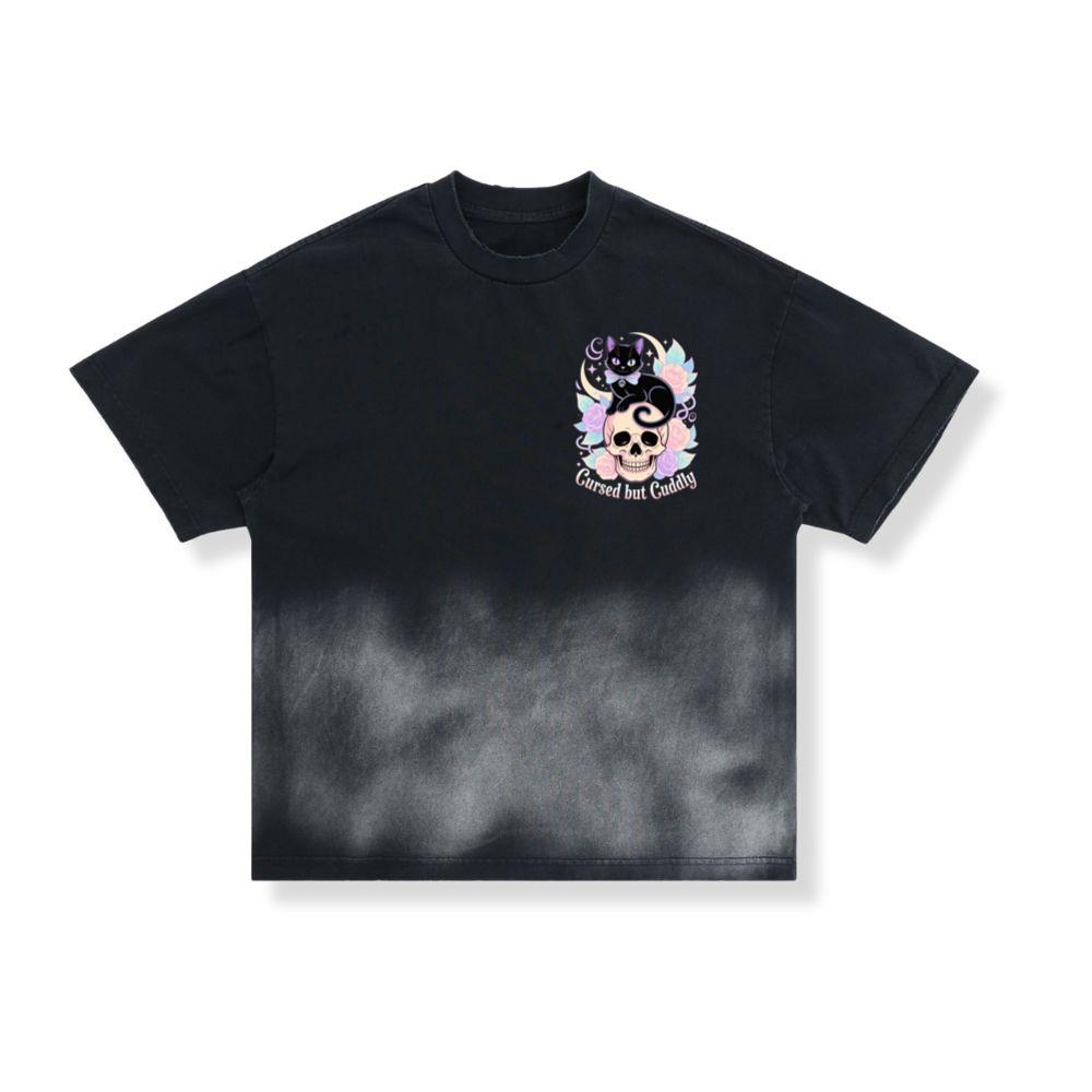 Cursed but Cuddly Skull Cat Retro Graphic T-Shirt