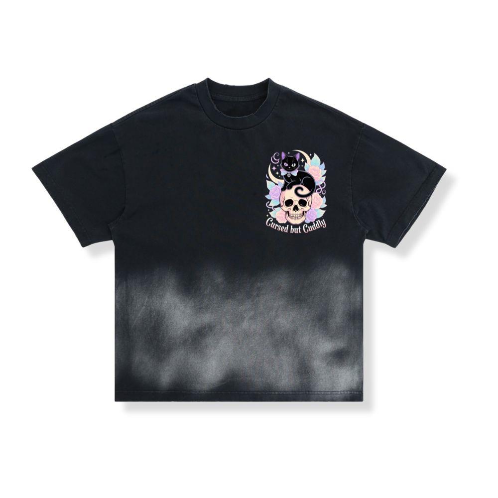 Cursed but Cuddly Skull Cat Retro Graphic T-Shirt