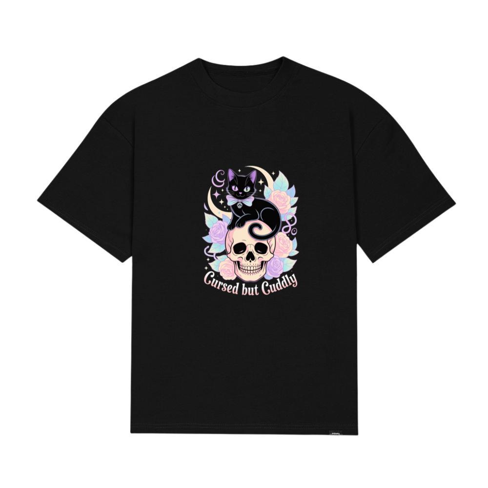 Cursed but Cuddly Skull Cat Retro Graphic T-Shirt