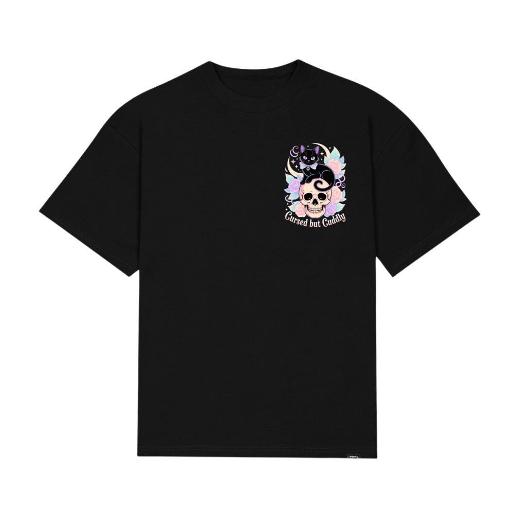 Cursed but Cuddly Skull Cat Retro Graphic T-Shirt