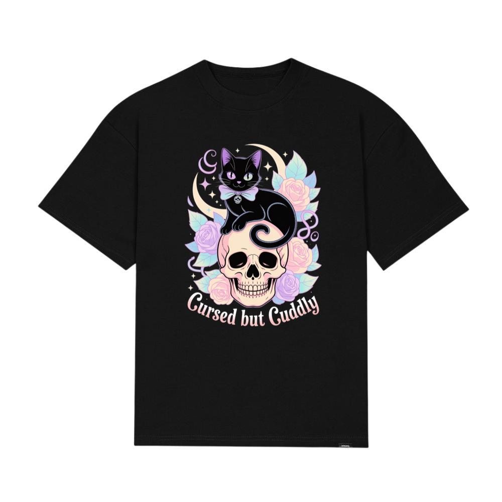 Cursed but Cuddly Skull Cat Retro Graphic T-Shirt