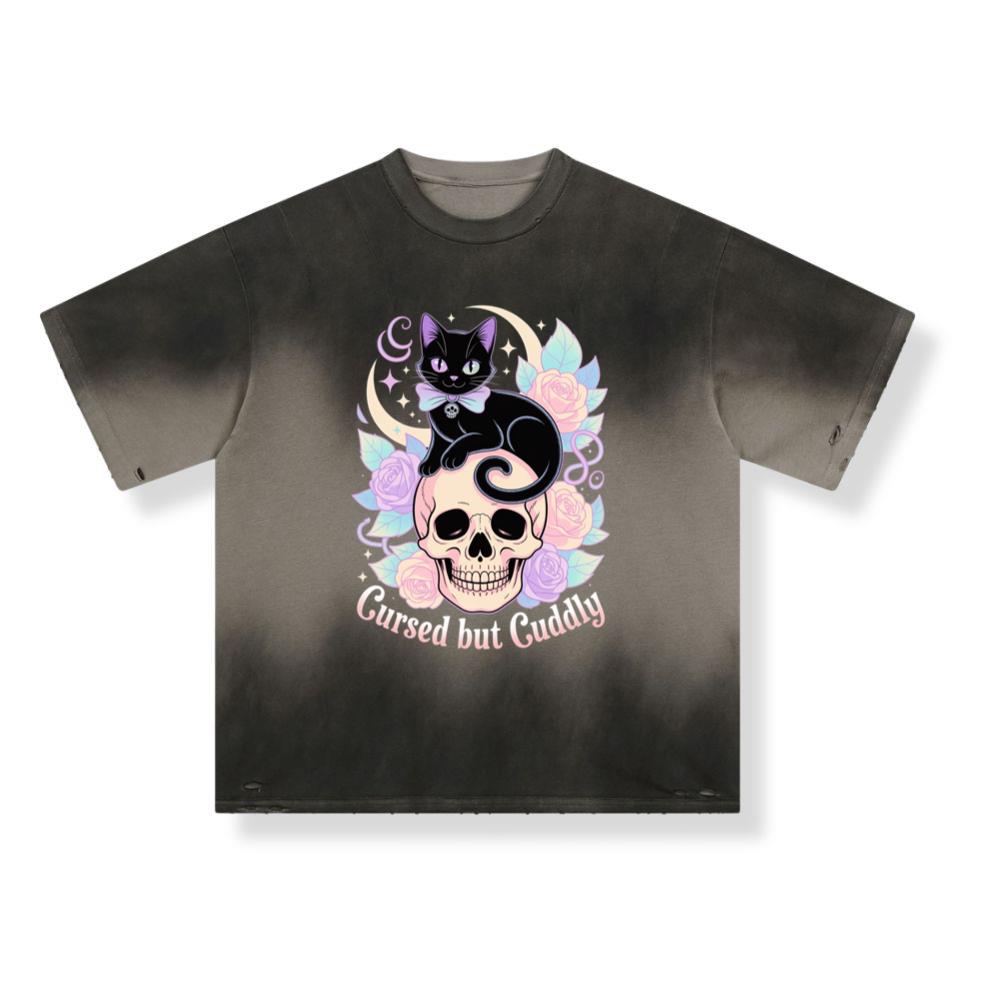Cursed but Cuddly Skull Cat Retro Graphic T-Shirt - Image 3