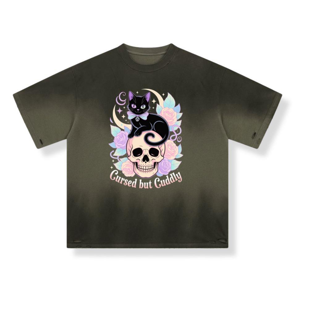 Cursed but Cuddly Skull Cat Retro Graphic T-Shirt - Image 2