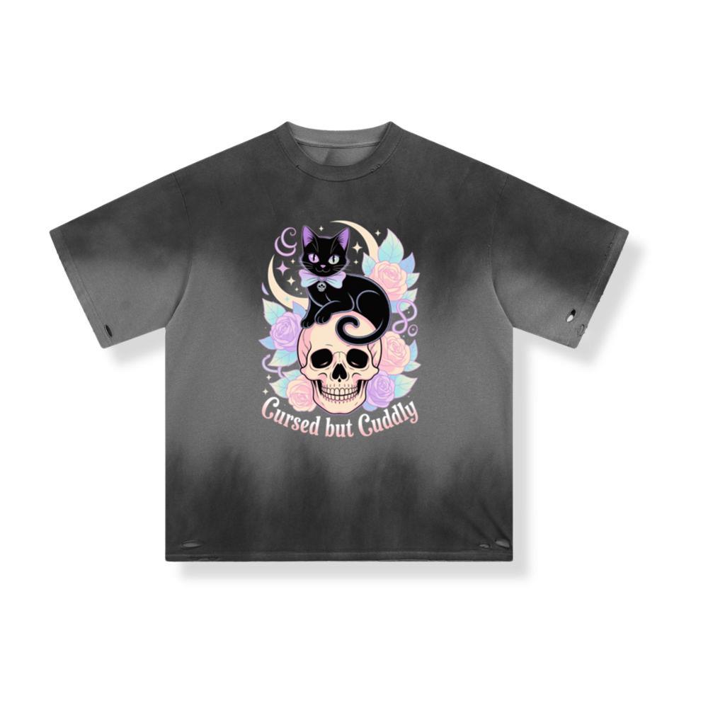 Cursed but Cuddly Skull Cat Retro Graphic T-Shirt