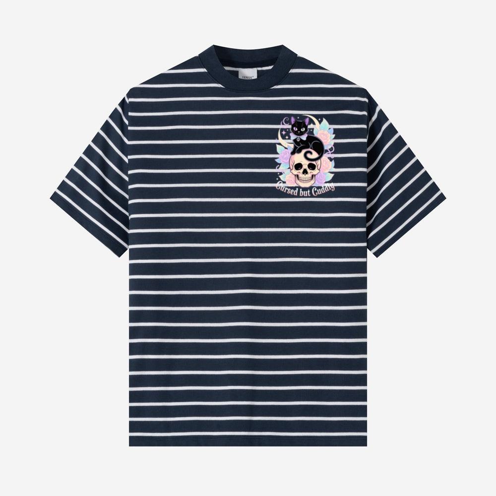Cursed but Cuddly Skull Cat Retro Graphic T-Shirt