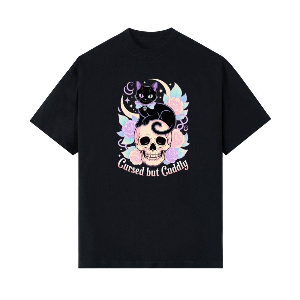 Cursed but Cuddly Skull Cat Retro Graphic T-Shirts