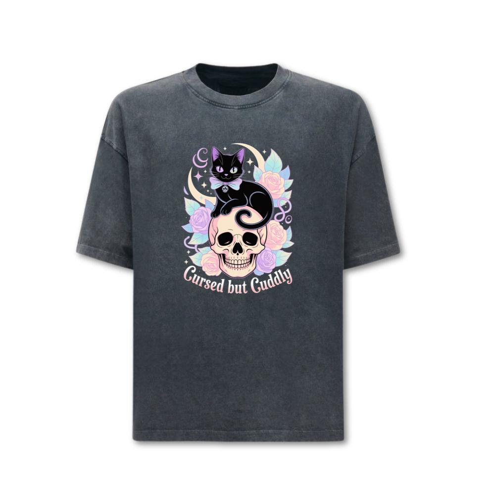 Cursed but Cuddly Skull Cat Retro Graphic T-Shirts