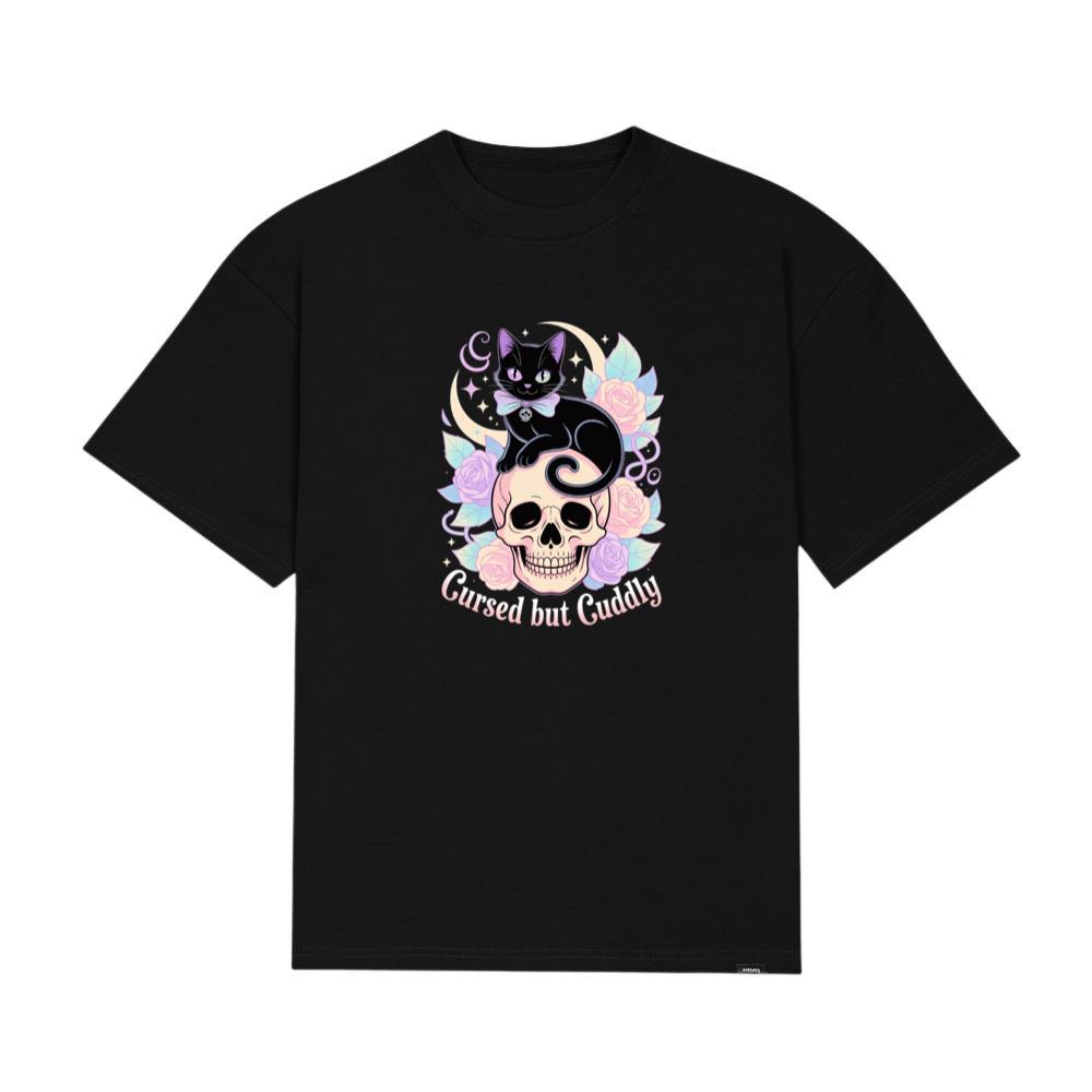 Cursed but Cuddly Skull Cat Retro Graphic T-Shirts