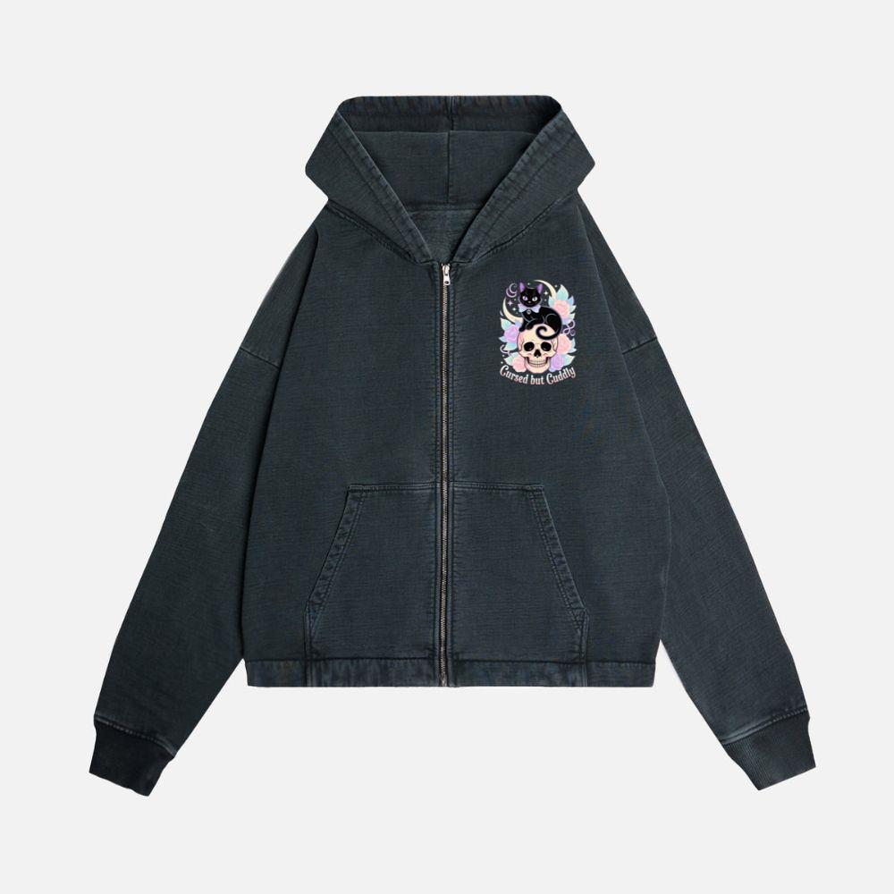 Cursed but Cuddly Skull Cat Retro Graphic Zip Hoodie