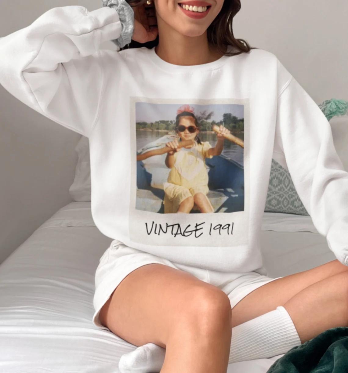 Custom Retro Photo Sweatshirt, Personalized Vintage Year Crewneck, Instant Camera Frame Picture Sweater, Nostalgic Milestone Birthday Gift, Oversized Boyfriend Fit Apparel, Trendy Custom Clothing - Image 4