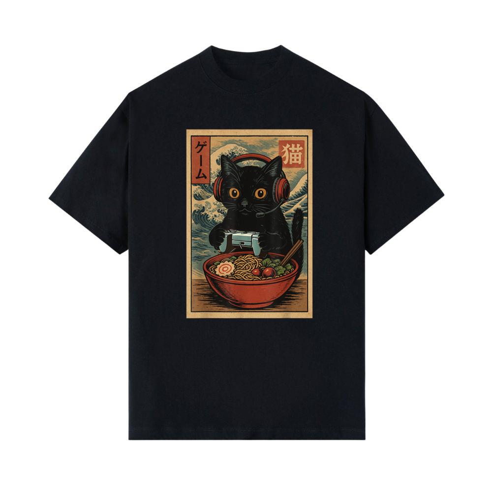 Cute Kawaii Gamer Cat Funny Ramen Retro Japanese Cat Gaming T-Shirt 