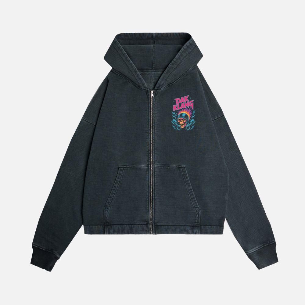 Dak Klang Skull Helmet Fire Neon Graphic Zip Hoodie