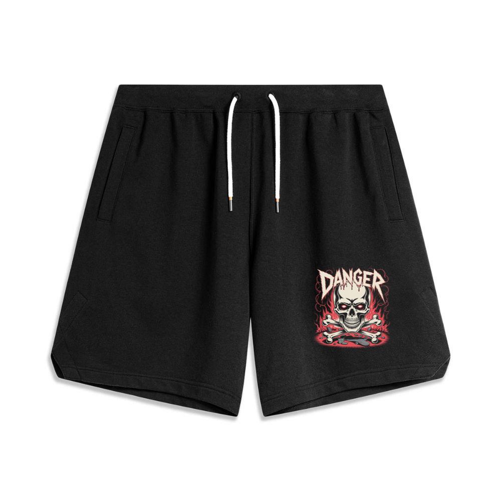 Danger Flaming Skull with Fire and Warning Typography Basketball Shorts