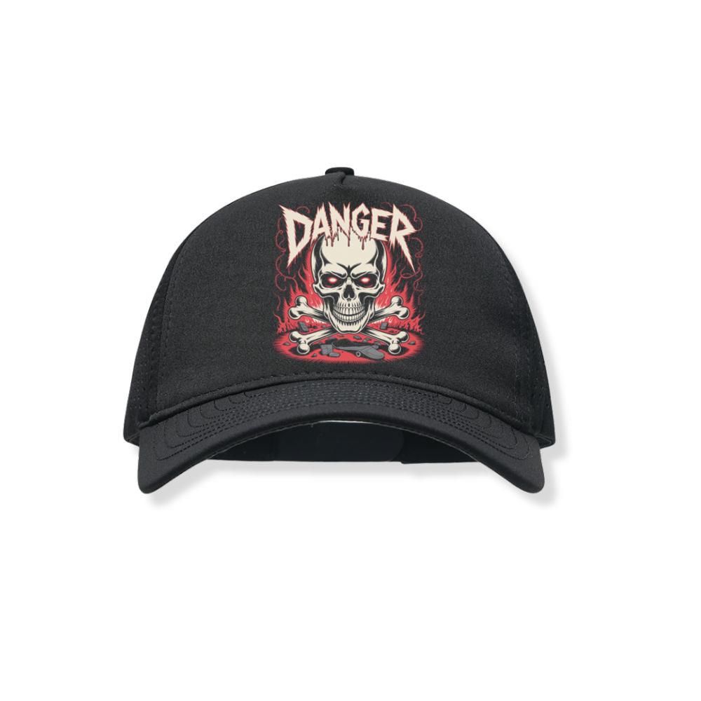 Danger Flaming Skull with Fire and Warning Typography Black Hat